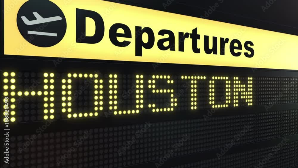 Flight to Houston on international airport departures board. Travelling to the United States conceptual intro animation Flight to Houston on international airport departures board. Travelling to the United States conceptual intro animation