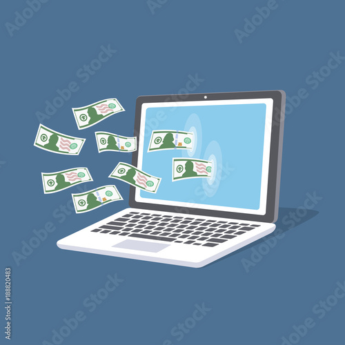 Online payment concept . Isometric laptop with cash on the screen. Payment services, shopping, replenishment of bank account. Vector.