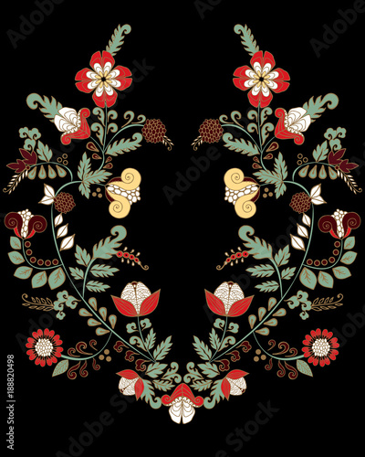 stock vector flowers and leaf ornament. oriental or russian pattern.necklace embroidery design
