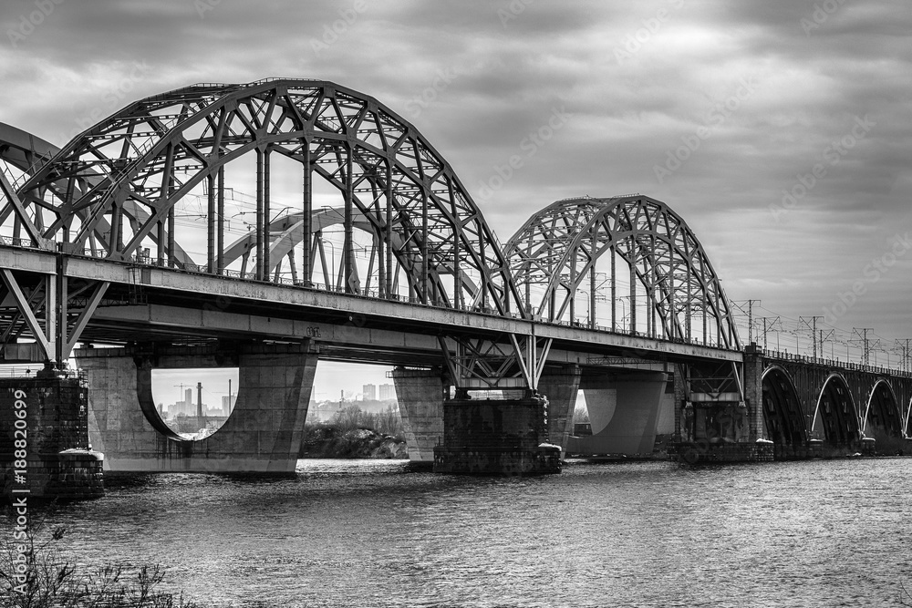 Fototapeta premium Black and White view on Darnytskyi bridge, Kiev, Ukraine