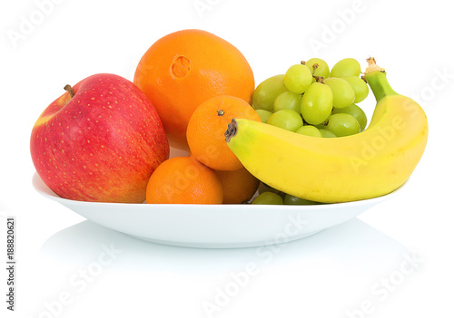 Bowl of fresh fruits isolated on white background with shadow reflection. Apple orange mandarin grape and banana in white bowl.