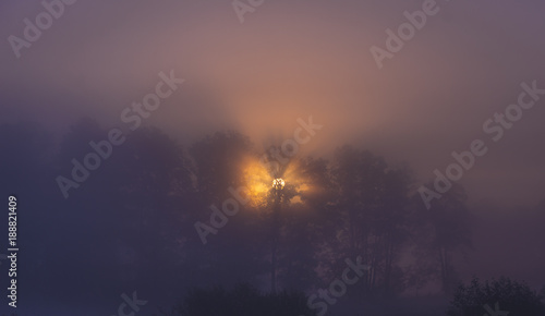 Sunrise in Gorki village in Kampinos Forest, Masovia region of Poland