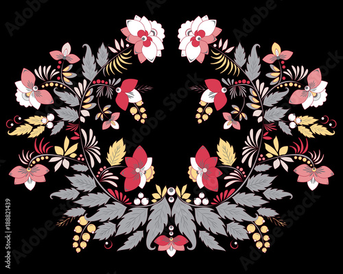 stock vector flowers and leaf ornament. oriental or russian pattern.necklace embroidery design