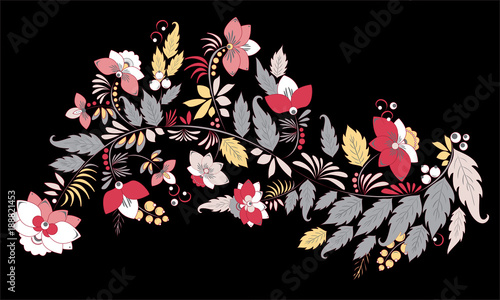 stock vector abstract flower and wave, doodle bouquet. oriental or arabic, russia textile design. template for card. banner
