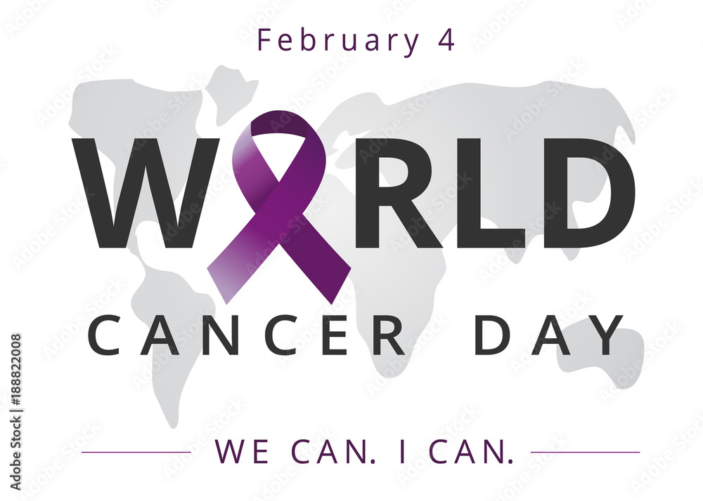 Fototapeta premium World cancer day, lettering and map, We can I can banner. February 4. Vector illustration of World Cancer Day with ribbon and text on world map