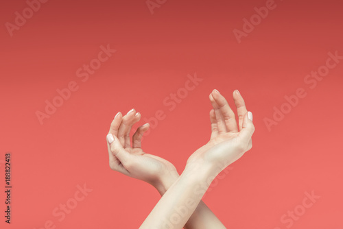 partial view of tender female hands, isolated on red
