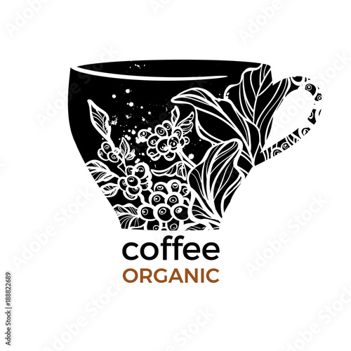Vector template with shape of cup and coffee branch