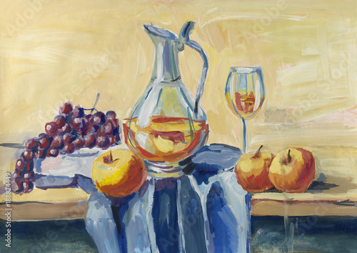 Fotografi Classical still life with fruit and wine