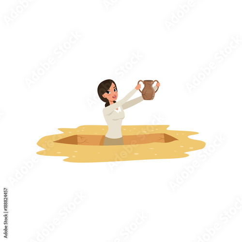 Cartoon young girl archaeologist waist-deep in the pit with old ceramic jug in hands. Ancient artifacts excavation. Happy pretty woman character. Flat vector design