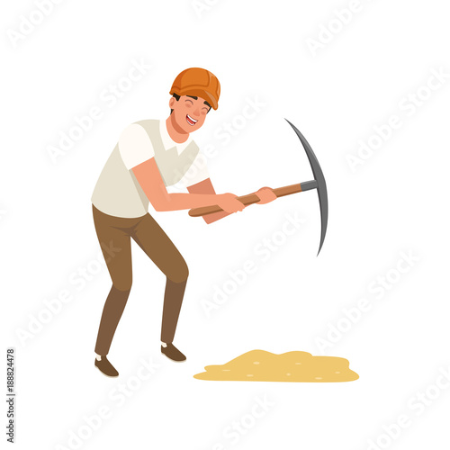 Young man working with pickaxe. Cartoon archaeologist in protective helmet, shirt and pants. Professional at work. Tool for archaeological excavation. Flat vector design