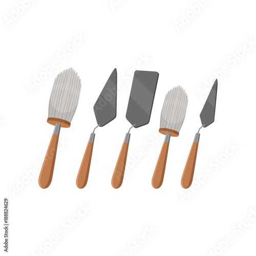 Different tools for archeology excavations. Big and small brush, three various trowels from stainless steel. Instruments with wooden handles. Flat vector design