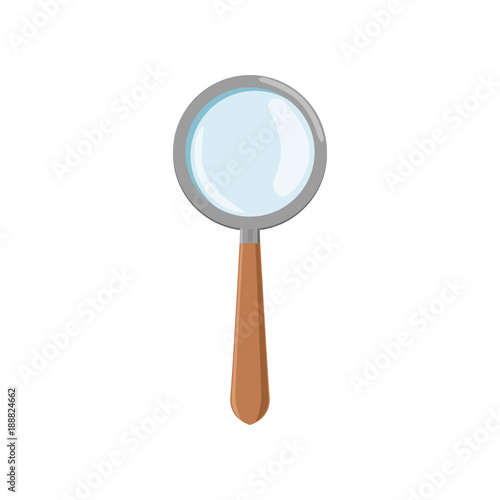 Cartoon magnifying glass with gray frame and brown wooden handle. Icon of loupe. Archeology tool used for enlarge small objects. Flat vector design