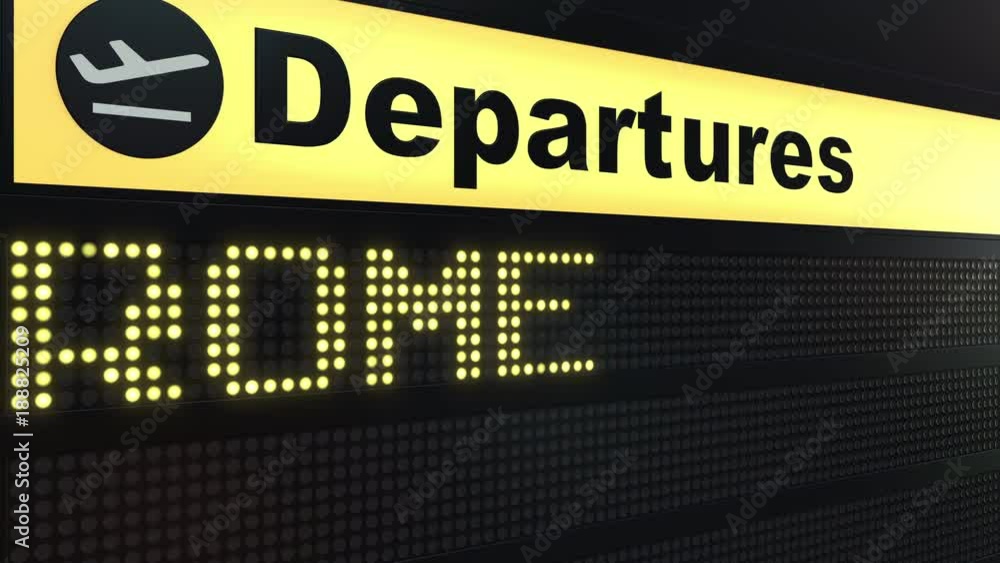 Flight to Rome on international airport departures board. Travelling to Italy conceptual intro animation Flight to Rome on international airport departures board. Travelling to Italy conceptual intro animation