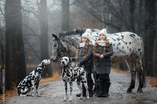 Twins girls portrait with Appaloosa horse and Dalmatian dogs 