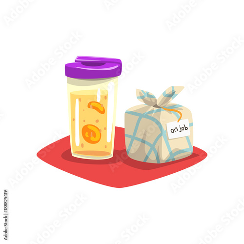 Fruit infuser water bottle with lid and some meal in wrap on red table-napkin. Healthy breakfast. Food and drink concept. Cartoon flat vector design