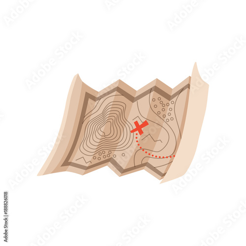 Old map with red cross leading to ancient burial and antique artifacts. Archeology vector symbol. Cartoon flat design for web site or mobile app