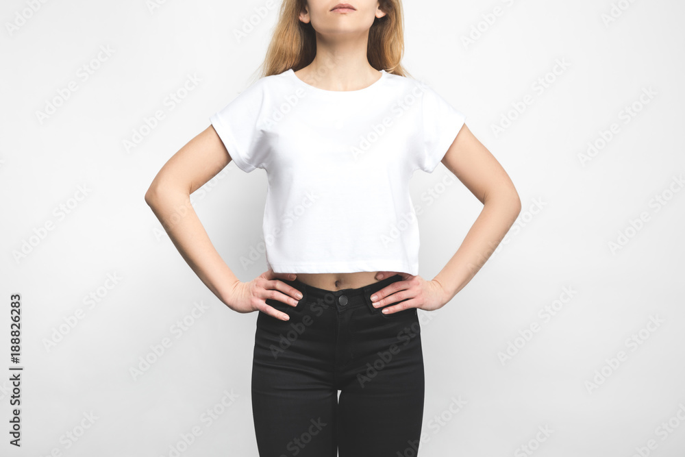 stylish young woman in blank t-shirt on white stylish young woman in blank t-shirt on white