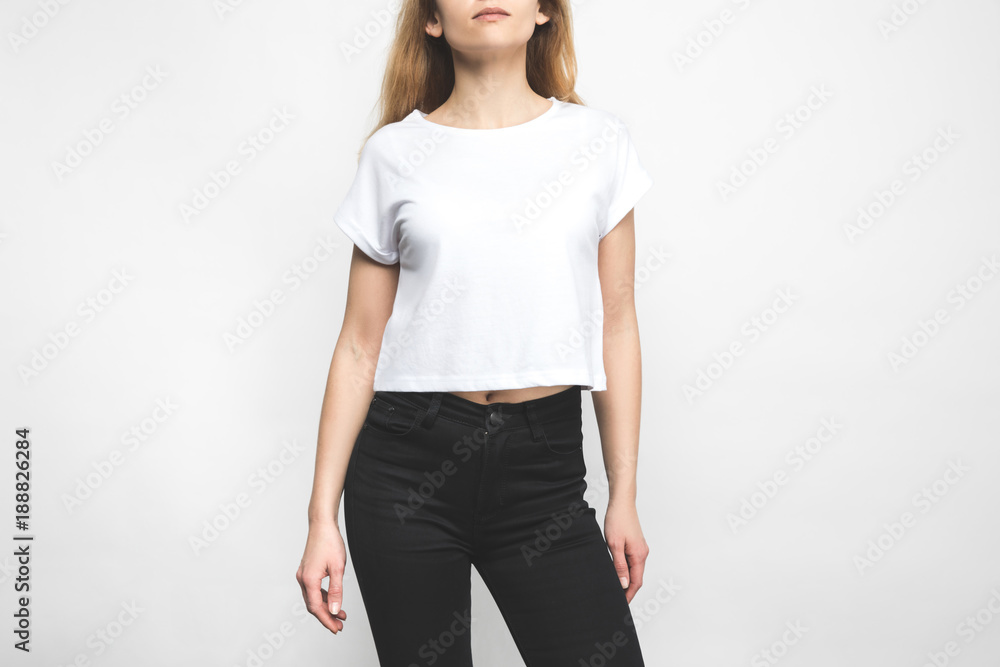 attractive young woman in blank t-shirt on white attractive young woman in blank t-shirt on white