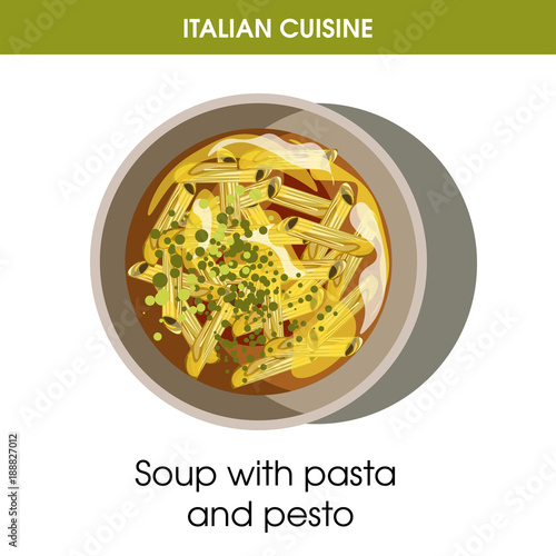 Italian cuisine soup of pasta and pesto vector icon for restaurant menu or cooking recipe template