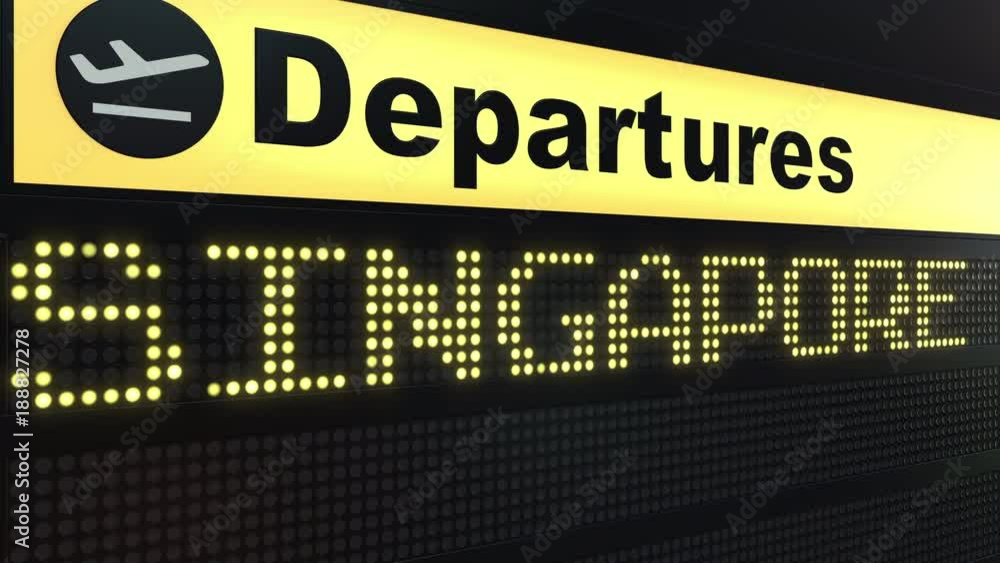 Flight to Singapore on international airport departures board. Conceptual intro animation Flight to Singapore on international airport departures board. Conceptual intro animation
