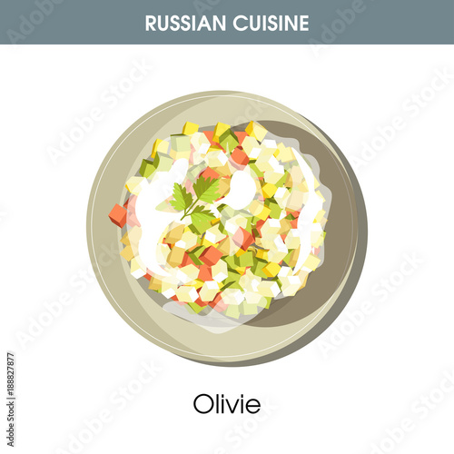 Rich Olivie salad dressed with mayonnaise from Russian cuisine