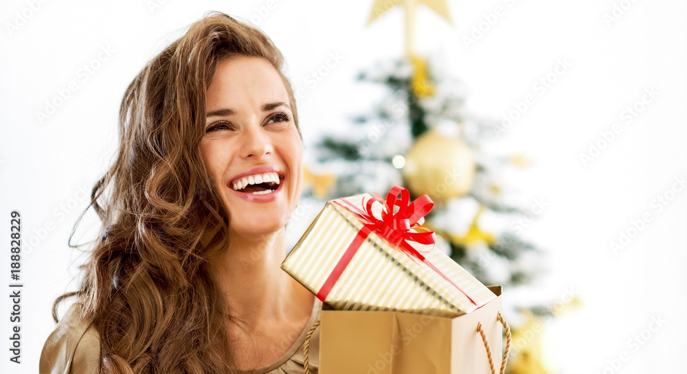 Portrait of young woman with christmas present boxes in front of christmas tree Portrait of young woman with christmas present boxes in front of christmas tree