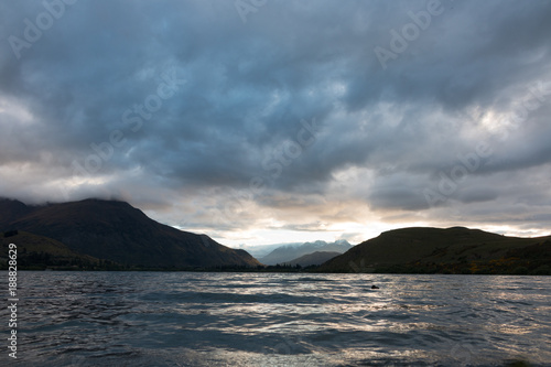 New Zealand Lake Hayes Queenstown landscape mountain panorama at sunset