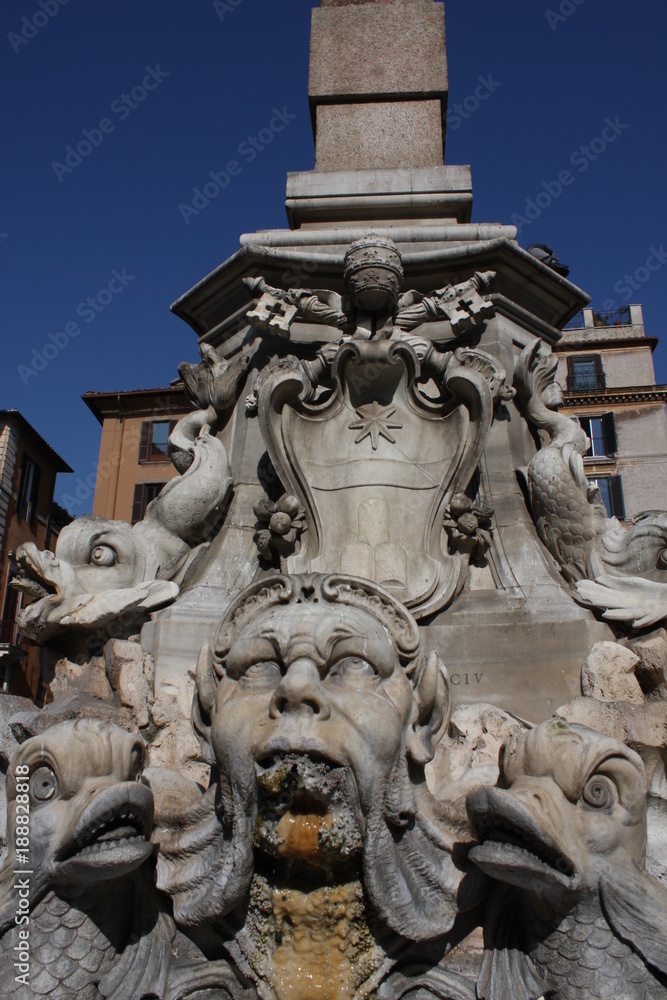 Sculptural details in the Piazza del Pantheon, in Rome, Italy