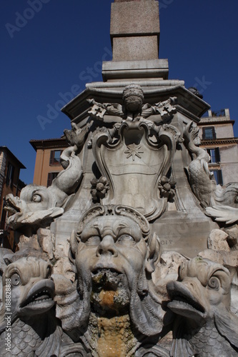 Sculptural details in the Piazza del Pantheon, in Rome, Italy