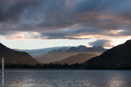New Zealand Lake Hayes Queenstown landscape mountain panorama at sunset © Bjoern