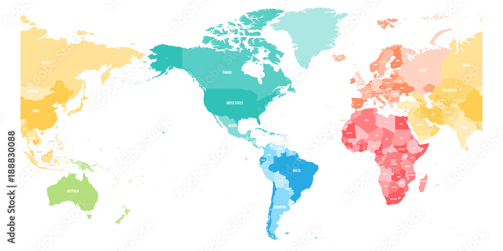 Obraz premium Colorful political map of World divided into six continents and focused on Americas. Blank vector map in rainbow spectrum colors.