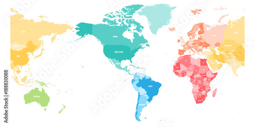 Fototapeta Naklejka Na Ścianę i Meble -  Colorful political map of World divided into six continents and focused on Americas. Blank vector map in rainbow spectrum colors.