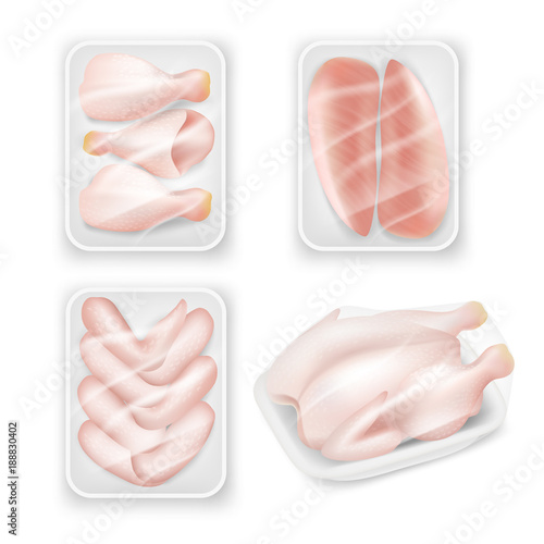 Chicken meat tray packaging template set, vector realistic illustration