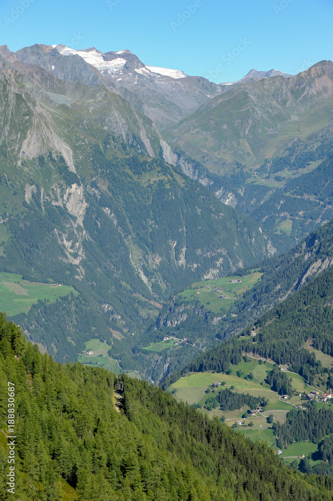 Valley in the Austrian alps in summer on a sunny day