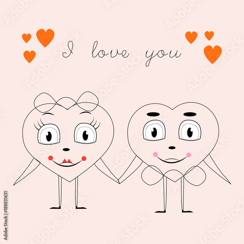 Greeting card with the image of two hearts holding the hand of, birthday, Valentine's day, love, line, vector illustration.