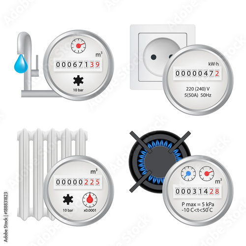 Meter icon set, vector realistic illustration