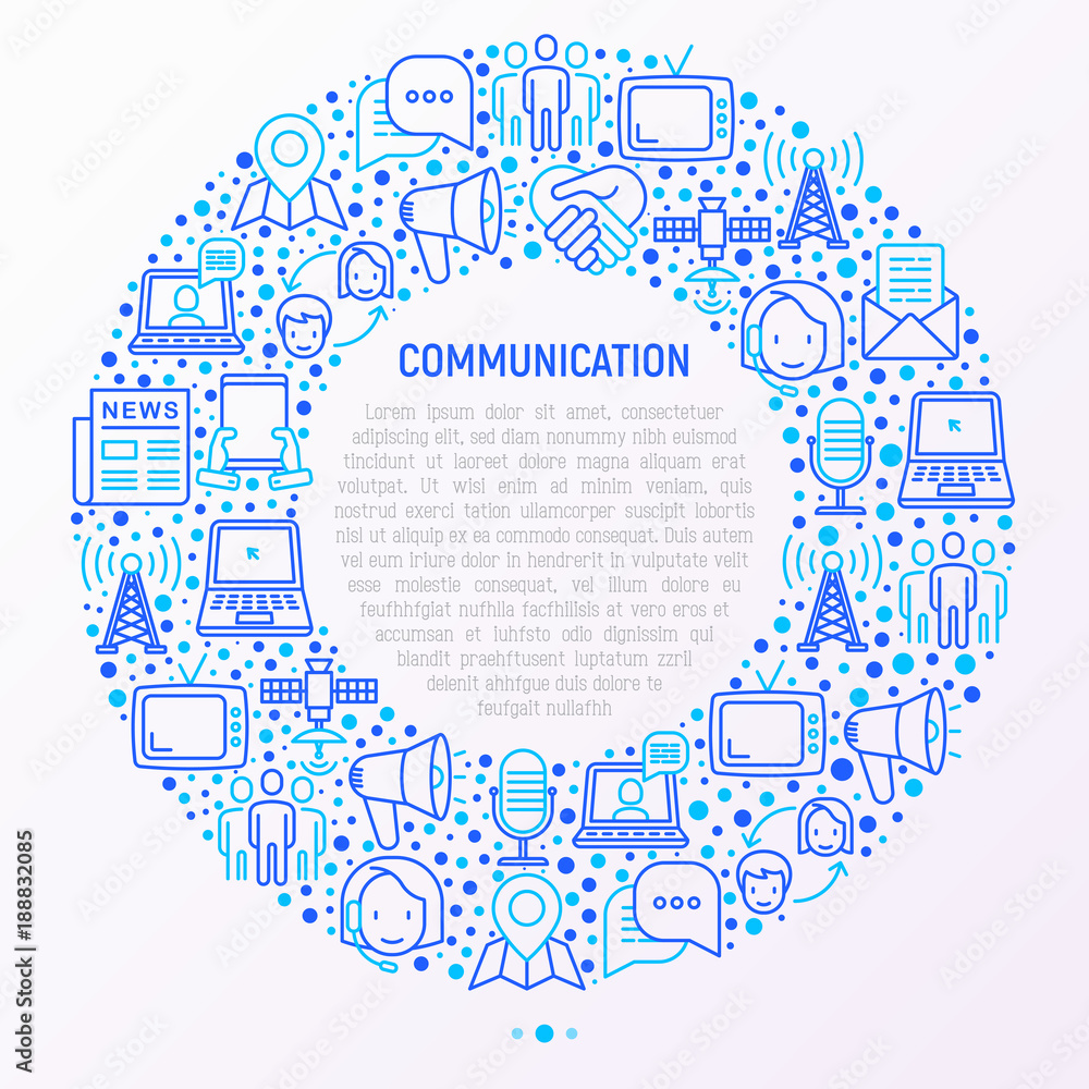 Communication concept in circle with thin line icons: e-mail, newspaper, letter, chat, tv, support, video call, microphone. Modern vector illustration, web page template.