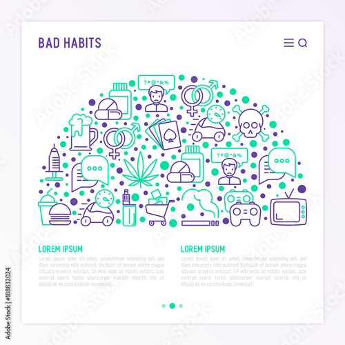 Bad habits concept in half circle with thin line icons: abuse, alcoholism, cigarette, marijuana, drugs, fast food, poker, promiscuity, tv, video games. Modern vector iilustration, web pag template.