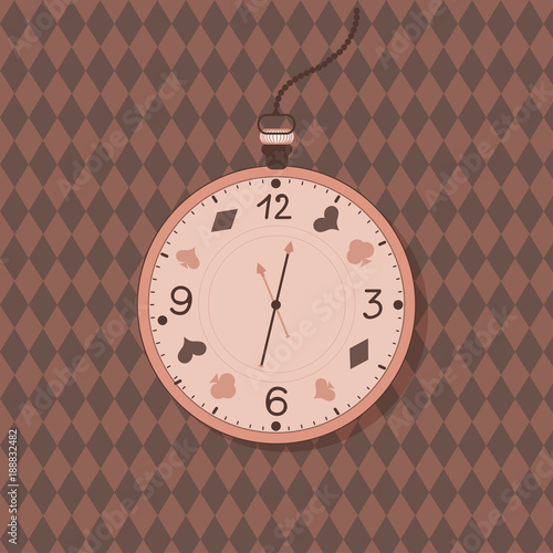 Alice in Wonderland watch label. Vector vintage clock card. Invitation sticker.