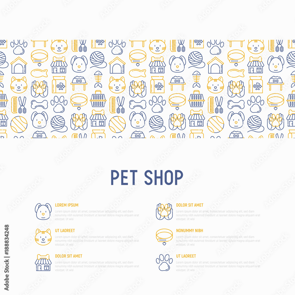 Pet shop concept with thin line icons: cat, dog, collar, kennel, grooming, food, toys. Modern vector illustration, web page template. Pet shop concept with thin line icons: cat, dog, collar, kennel, grooming, food, toys. Modern vector illustration, web page template.