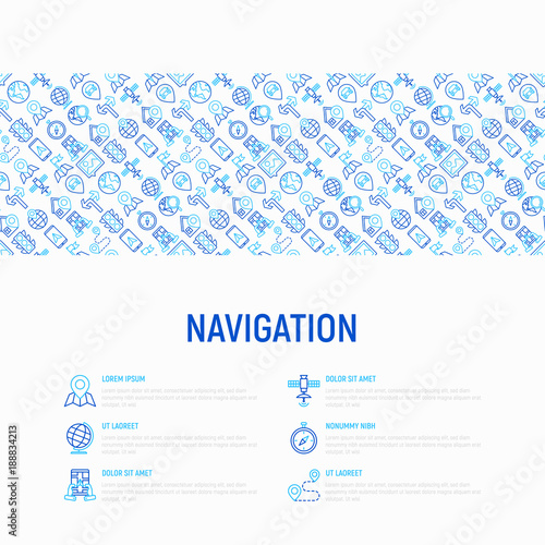 Navigation and direction concept with thin line icons set: pointer, compass, navigator on tablet, traffic light, store locator, satellite. Modern vector illustration for banner, print media, web page.