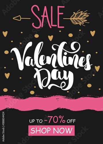 Valentine s day sale banner or poster template with modern calligraphy. Vector illustration of hearts