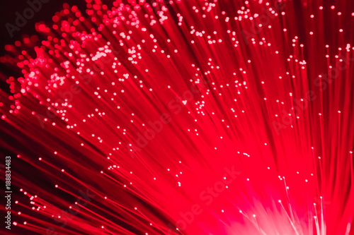 detail of red growing bunch of optical fibers background, fast light signal for high speed internet connection concept