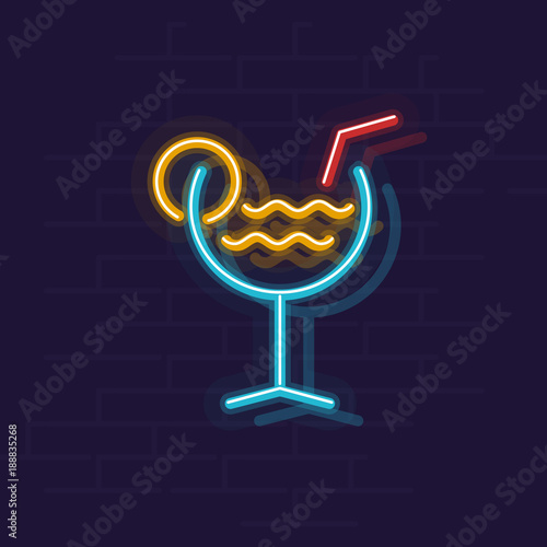 Neon memphis style aperol spritz cocktail. Served in glass cocktail bar sign. Geometric style illustration on brick wall background.