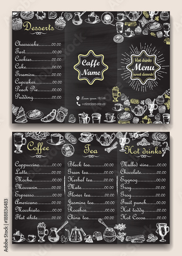 Restaurant hot drinks menu design with chalkboard background. Vector illustration template in vintage style. Hand drawn style. Hot tea, coffee, cacao