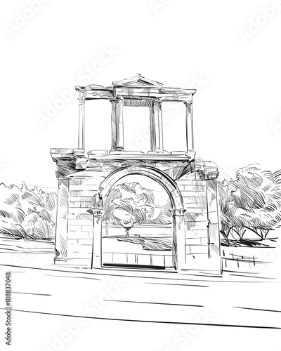 Arch of Hadrian. Athens. Greece. Europe. Hand drawn sketch. Vector illustration.