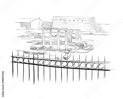 Hadrian's Library. Athens. Greece. Europe. Hand drawn sketch. Vector illustration.