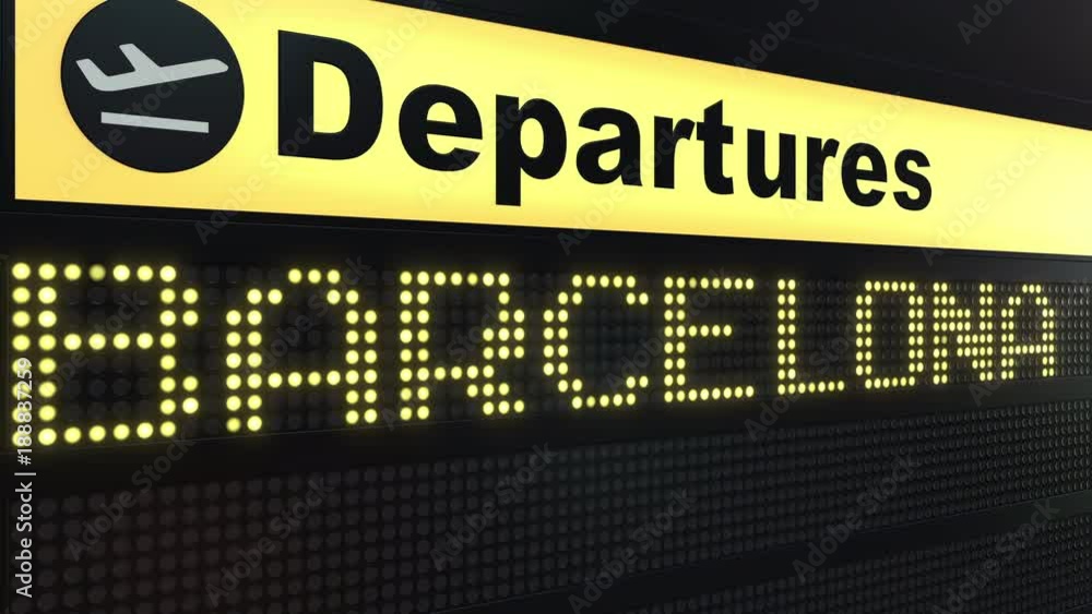 Flight to Barcelona on international airport departures board. Travelling to Spain conceptual intro animation Flight to Barcelona on international airport departures board. Travelling to Spain conceptual intro animation