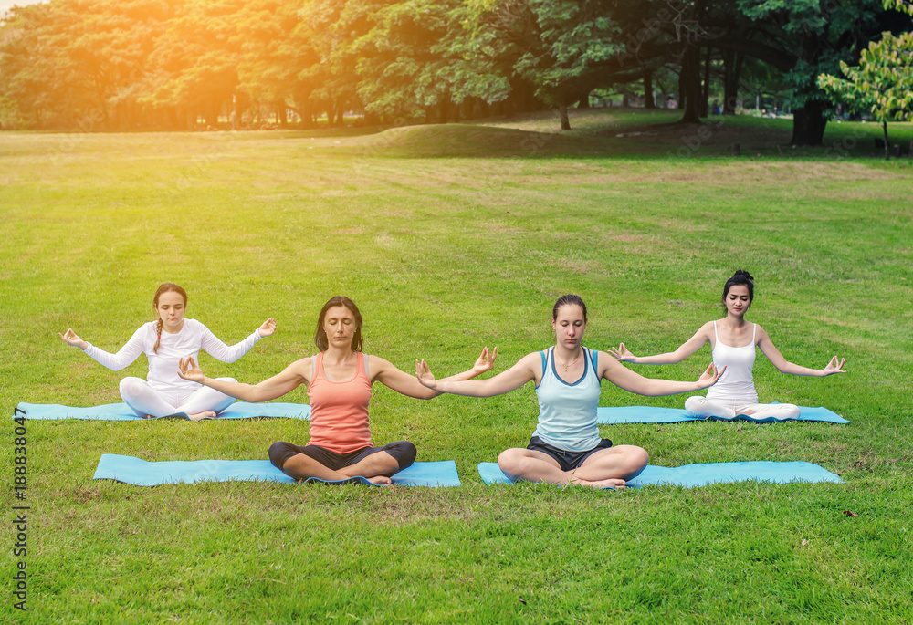 group of women attending yoga for opening up the hips and creating flexibility in the ankles and kneesoutside in the park. group of women attending yoga for opening up the hips and creating flexibility in the ankles and kneesoutside in the park.