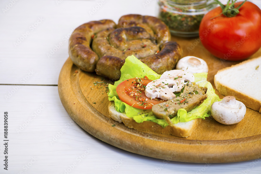 homemade sausage and sandwich with sausage, mushrooms and tomato homemade sausage and sandwich with sausage, mushrooms and tomato